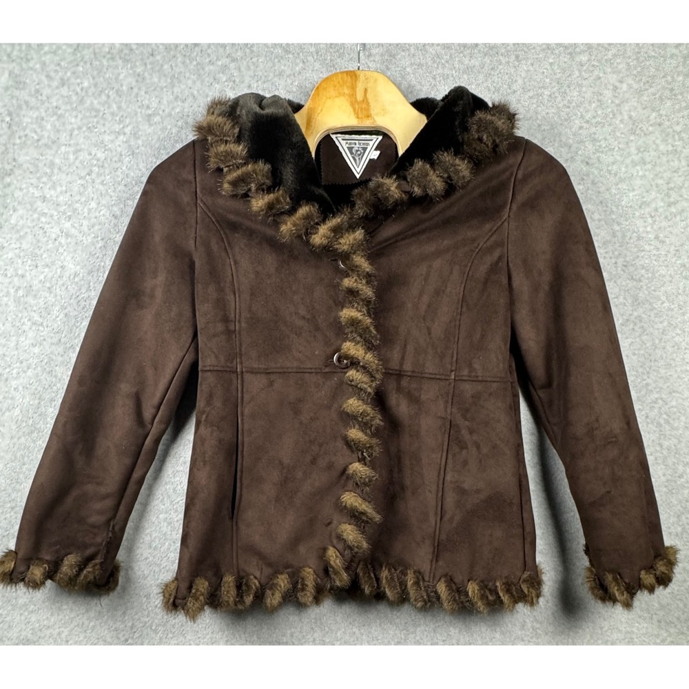 Marvin Richards Faux Suede Jacket Womens L Brown Faux Fur Trim Hooded Coat
